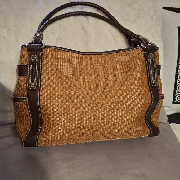 Fossil Key Per Tan Rattan and Brown Leather Woven Tote Bag 13x9 - Picture 2 of 16
